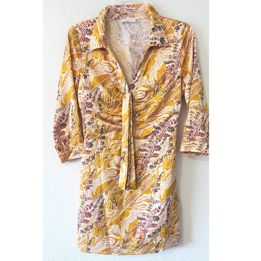 Sage The Label Gold Multi Floral Boho Festival Paisley Tie Front Mini Dress SZ S
